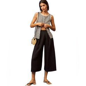 Anthropologie Linen Pleated Culotte Trousers Black NWT MSRP $138